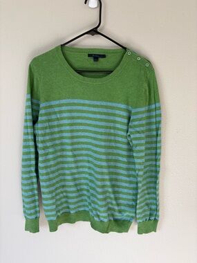 Boden Green and Light Blue Striped Button-Shoulder Sweater